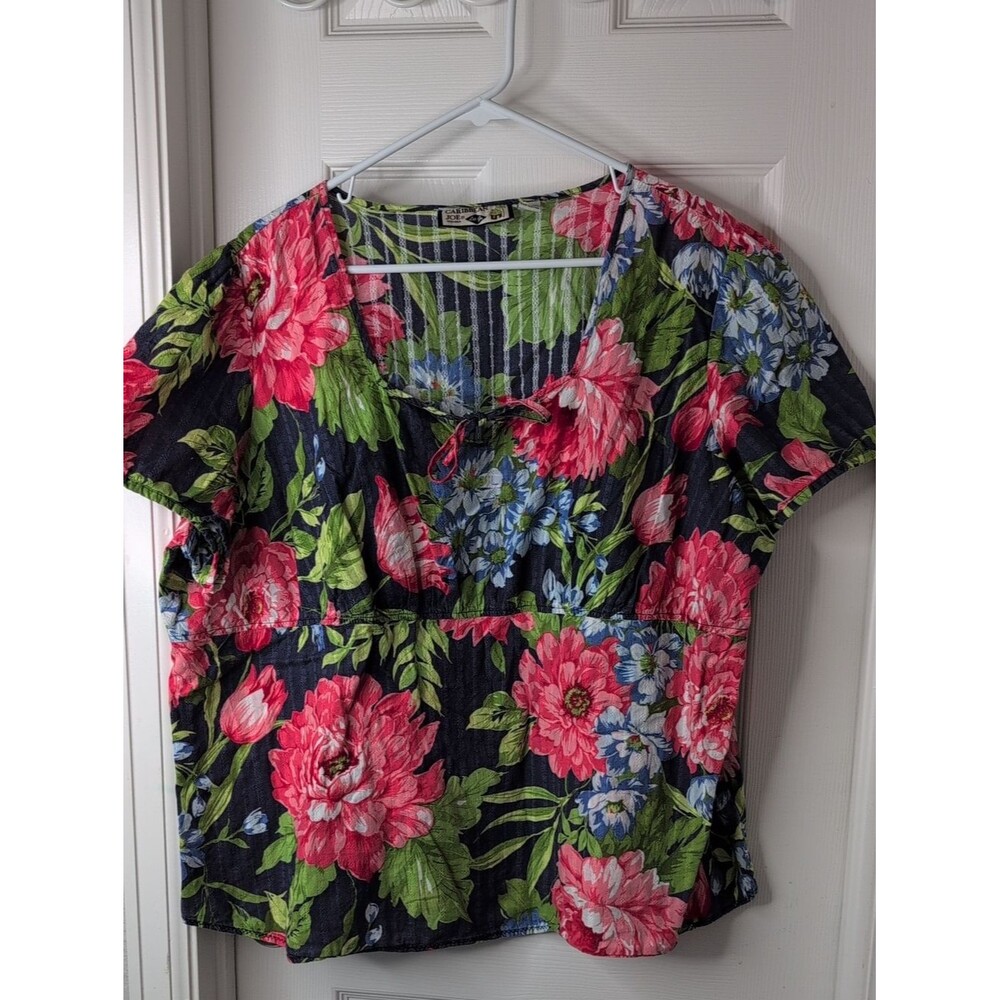 Caribbean Joe Navy Floral Tie-Front Blouse with Pink & Green Size 2X
